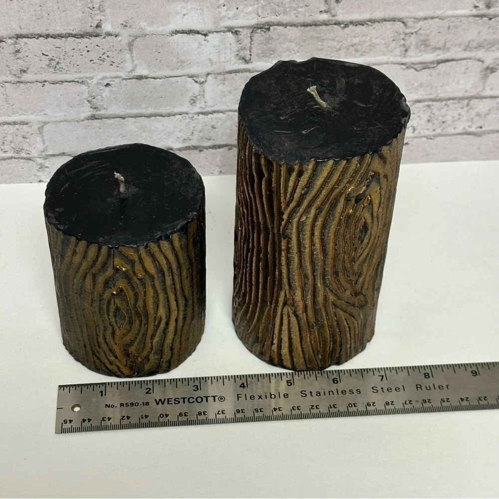 Log Wood Design Black Gold Candles Set of 2